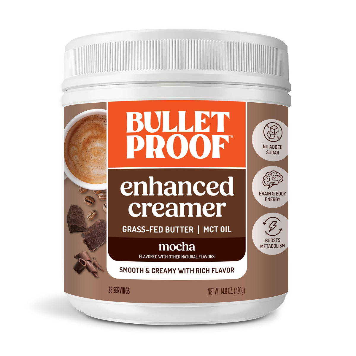 Bulletproof Mocha Creamer canister with real cocoa for keto-friendly mornings.