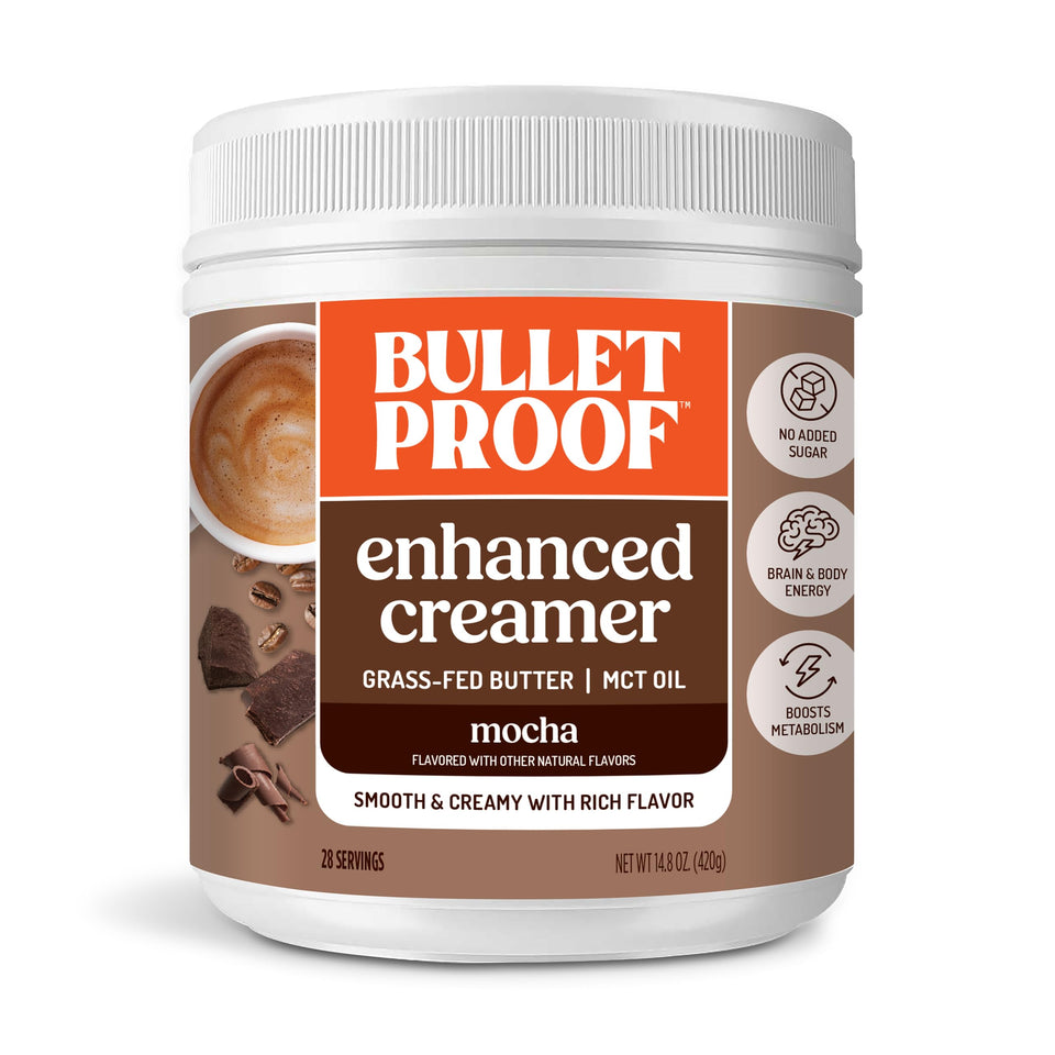 Bulletproof Mocha Creamer canister with real cocoa for keto-friendly mornings.