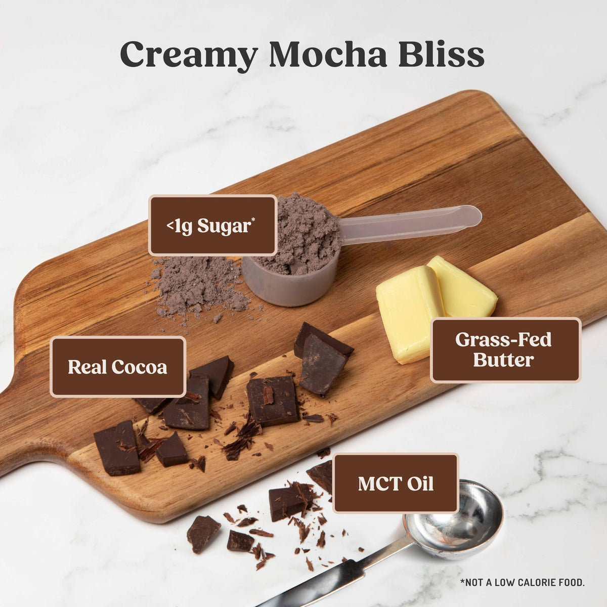 Bulletproof Mocha Creamer cup-pour highlights creamy texture for quick coffee boost.