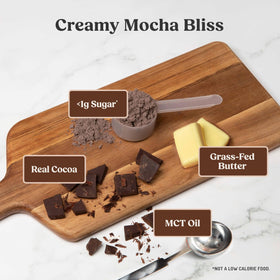 Bulletproof Mocha Creamer cup-pour highlights creamy texture for quick coffee boost.