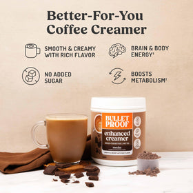 Bulletproof Mocha Creamer grass-fed butter powder emphasizes quality fats.