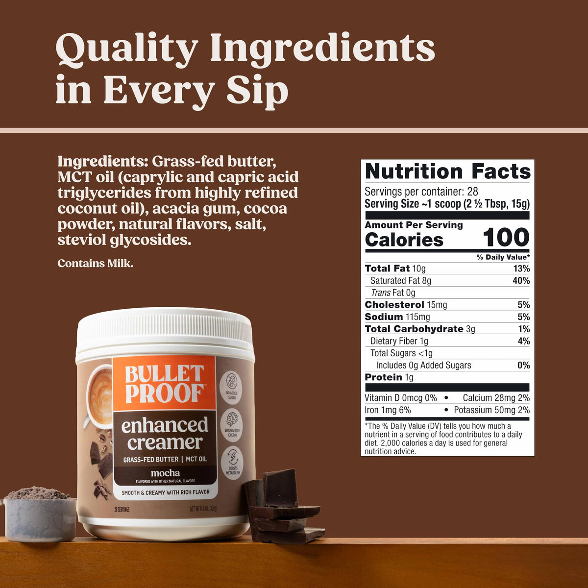 Bulletproof Mocha Creamer ingredients panel shows keto-friendly fats.