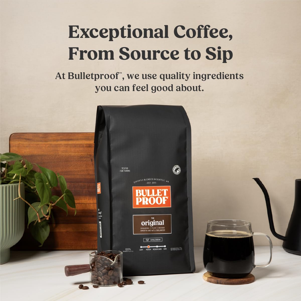 Bulletproof Original cup with steam, inviting a comforting morning ritual