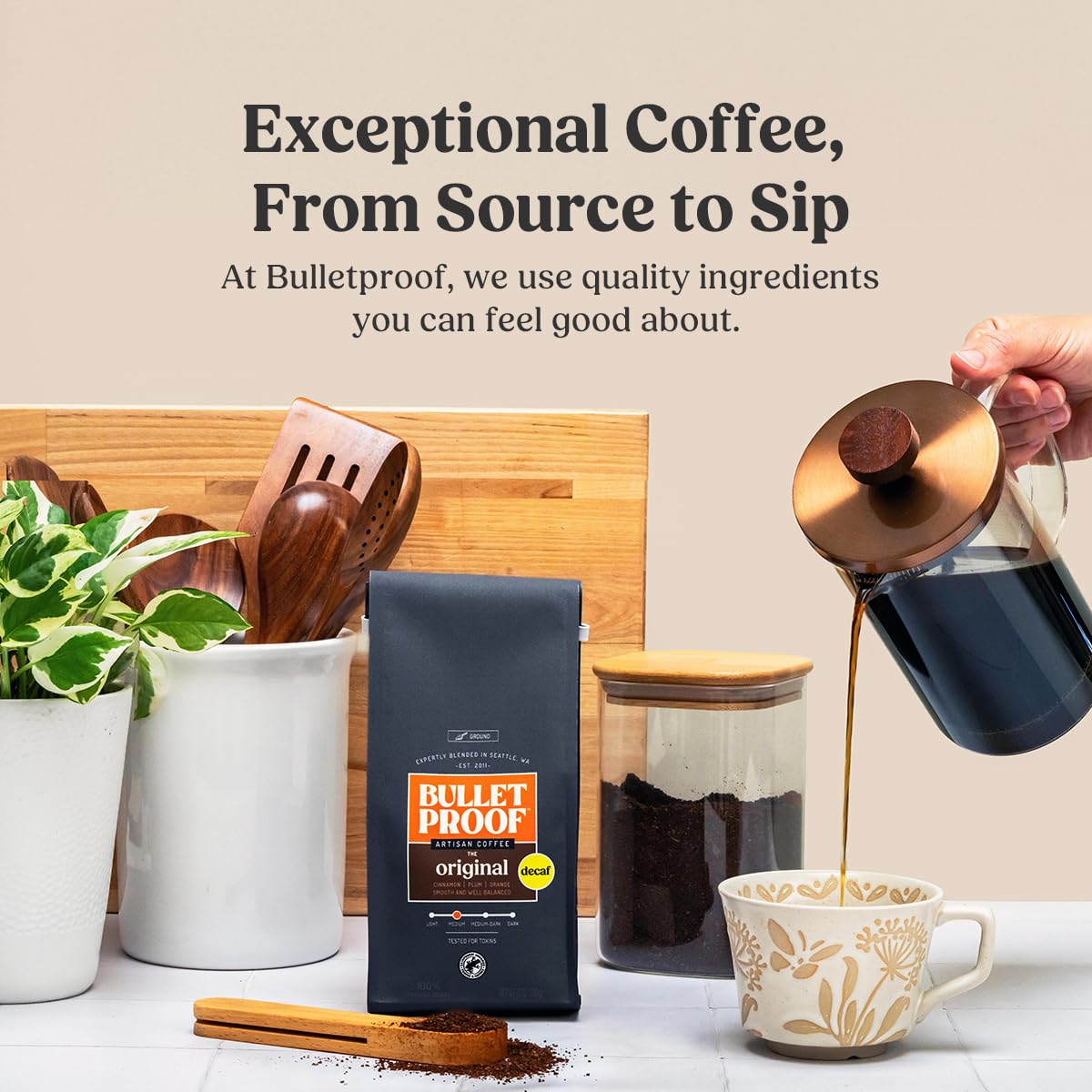 Bulletproof Original Decaf coffee cup steaming, inviting a calm start to the day
