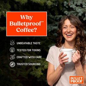 Bulletproof Original Medium Roast coffee beans raw highlighting sustainable sourcing.