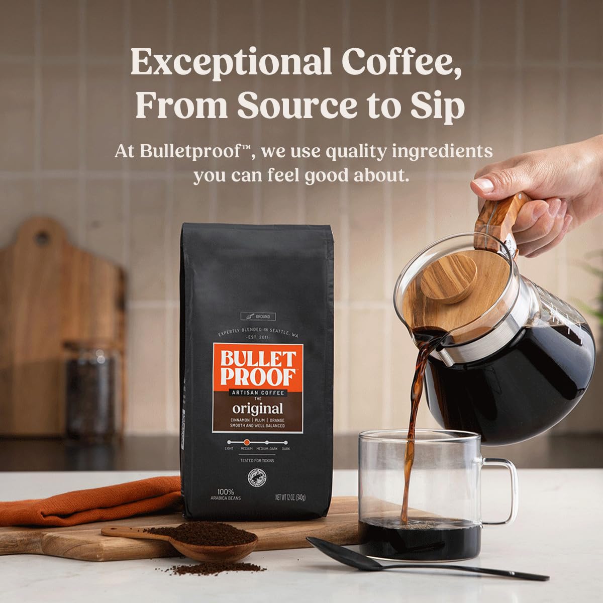 Bulletproof Original coffee pours smoothly into a cup, inviting flavor to savor.