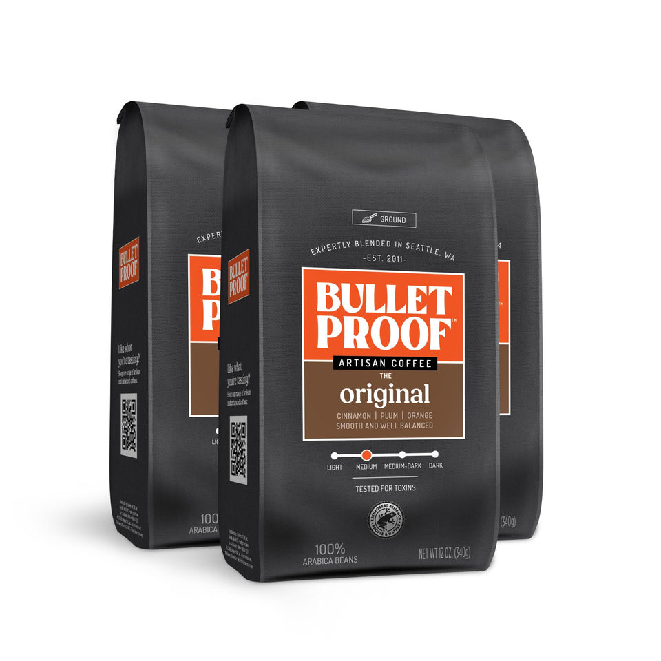 Bulletproof Original medium roast ground coffee 3-pack box displaying premium packaging