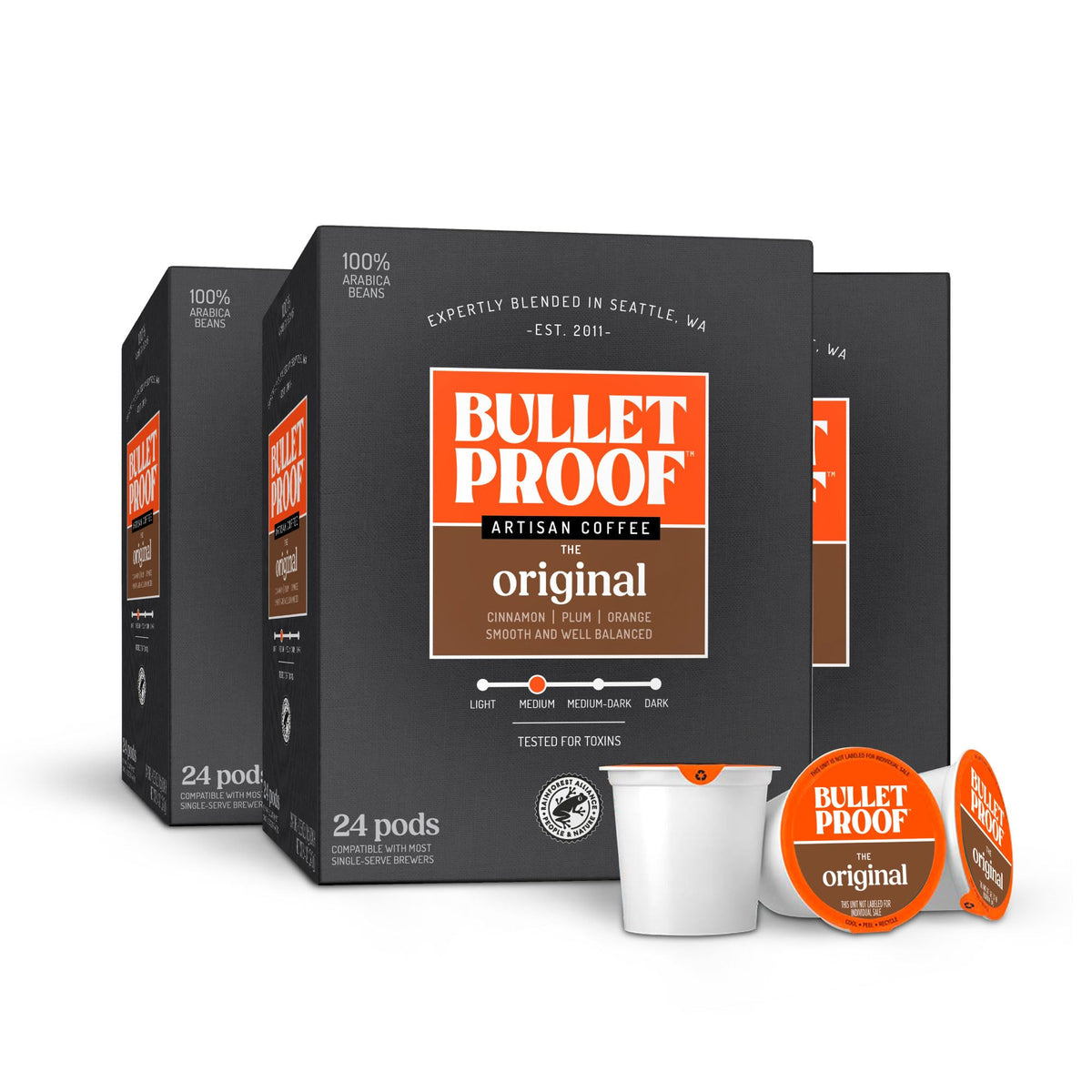 Bulletproof Original Medium Roast pod box with 72-count, ready for quick mornings.