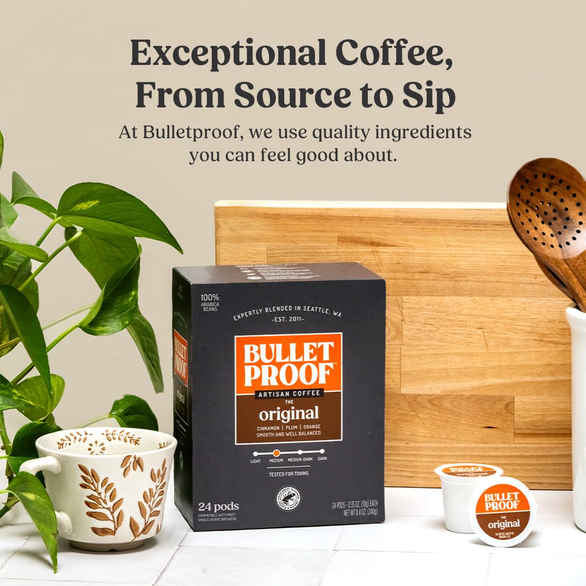 Bulletproof Original Medium Roast pod in cup delivering a smooth, balanced brew.