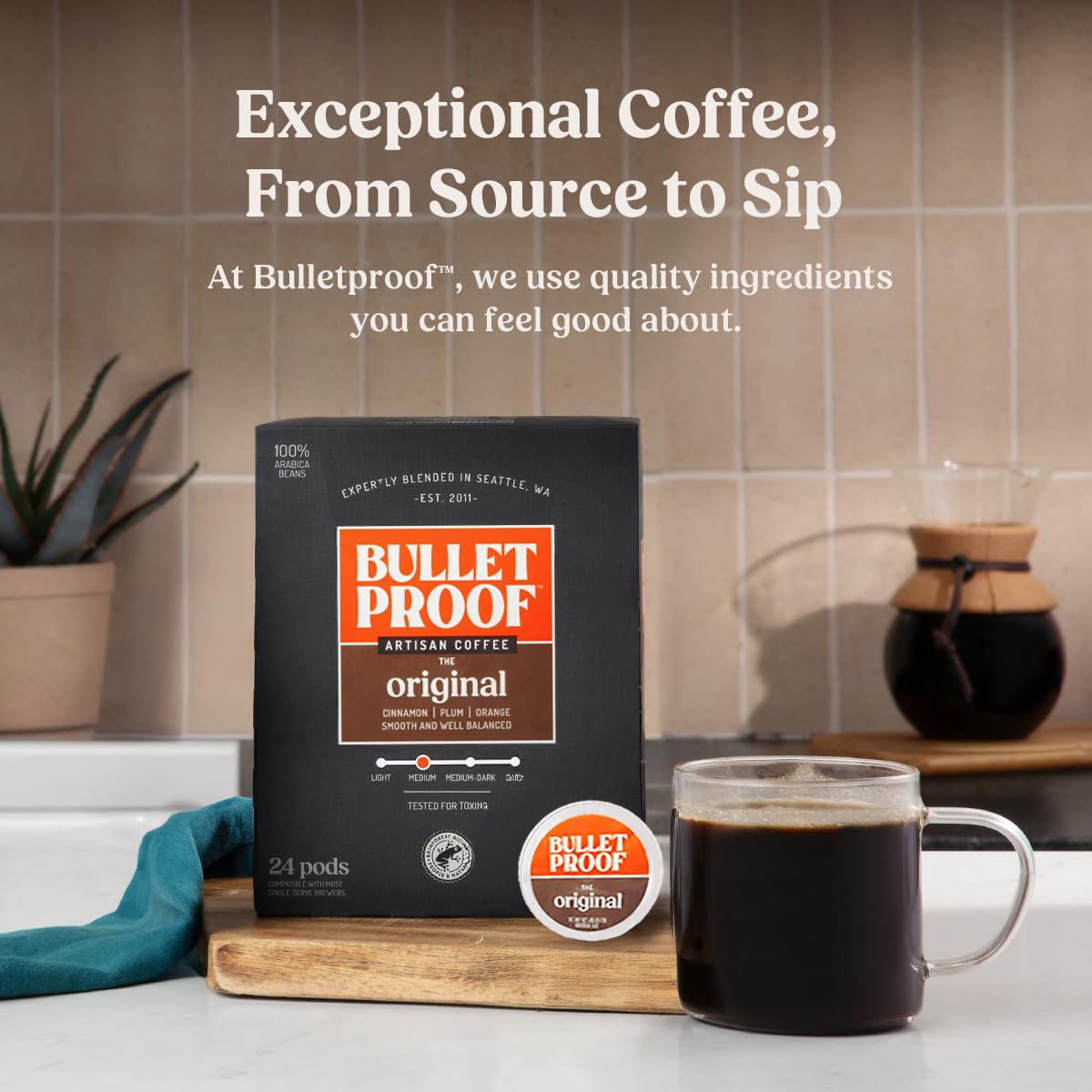 Bulletproof Original Medium-Roast single-serve pods, 24-count, ready for use.