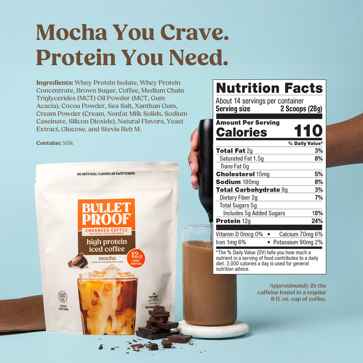 Bulletproof real cocoa powder close-up highlights rich mocha flavor.