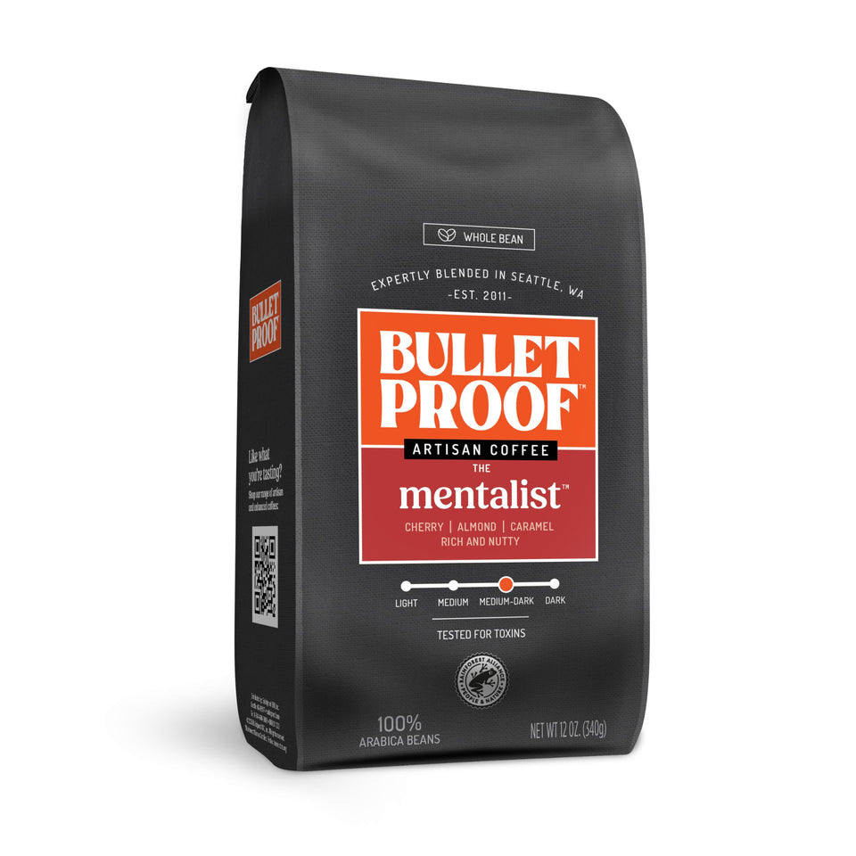 Bulletproof The Mentalist medium-dark roast whole bean 12 oz bag ready to grind and brew.