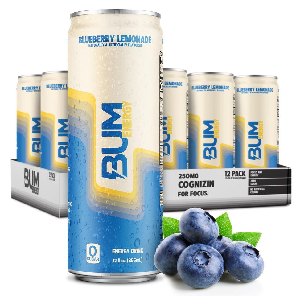 Bum Energy Blueberry Lemonade can supports focus during study sessions.
