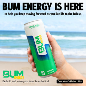 Bum Energy brand logo on pack highlights modern design and flavor cues.