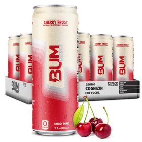Bum Energy Cherry Frost can on ice for a crisp energy boost and focus.