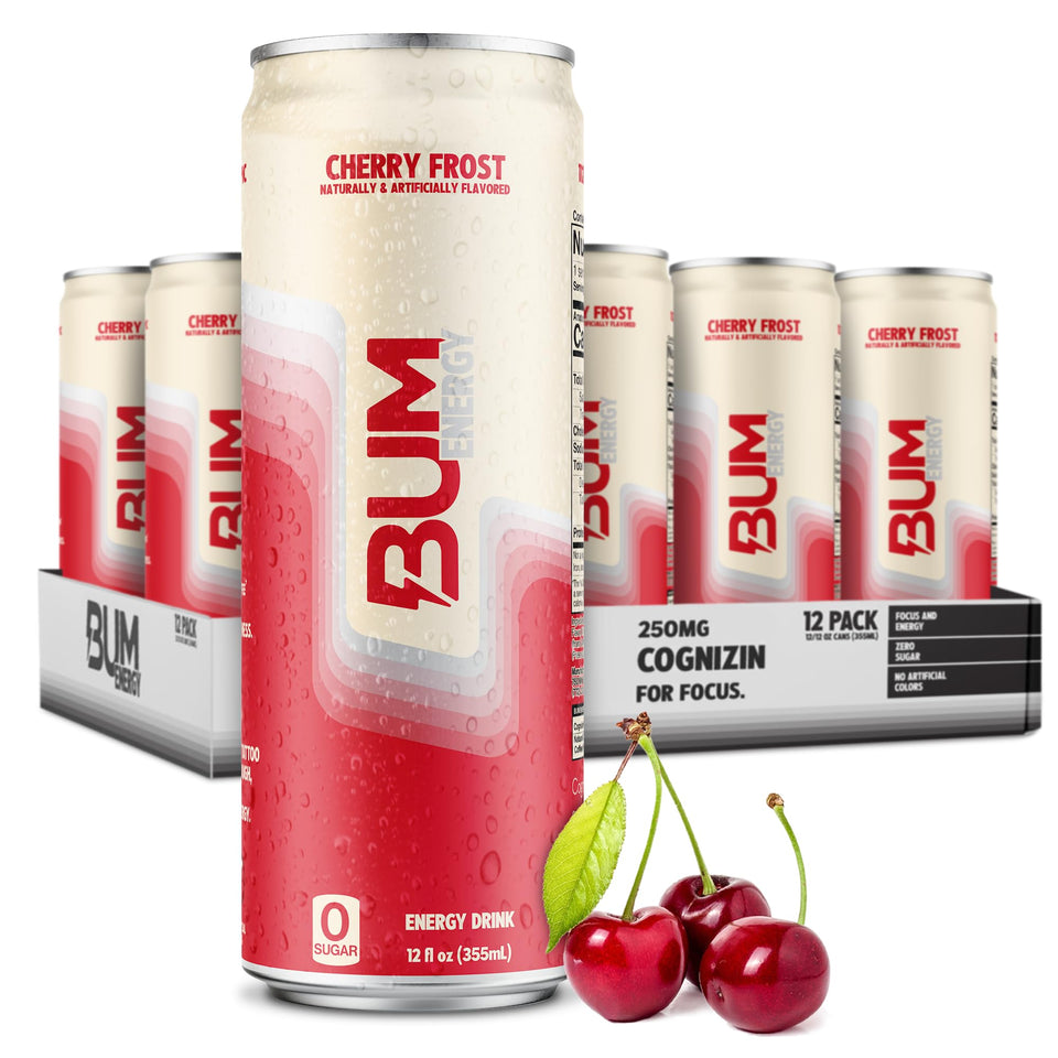 Bum Energy Cherry Frost can on ice for a crisp energy boost and focus.