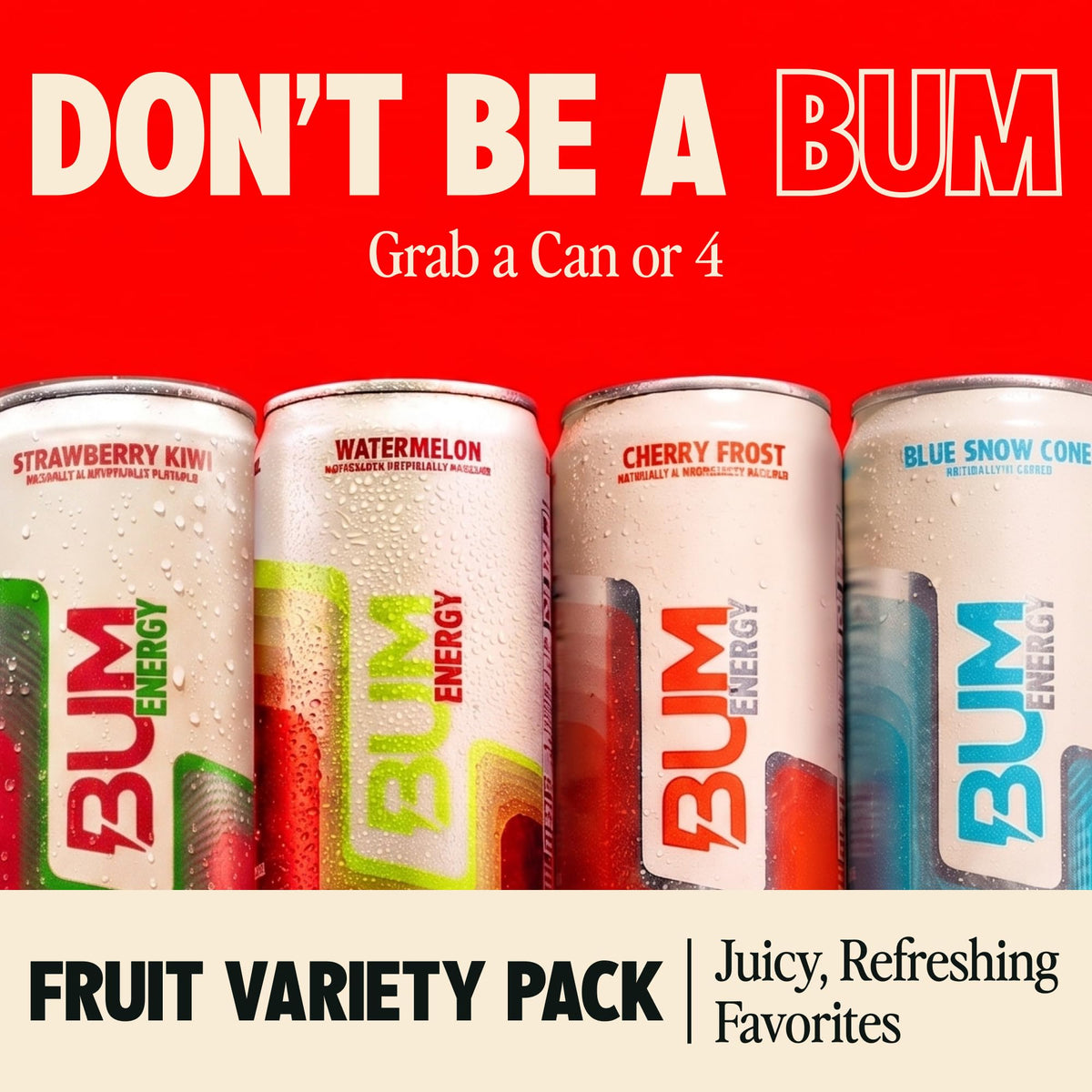 Bum Energy Cherry Frost can on gym bench boosts mental clarity.