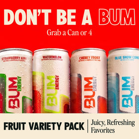 Bum Energy Cherry Frost can on gym bench boosts mental clarity.