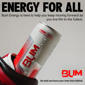 Bum Energy Cherry Frost on gym bench implies workout-ready hydration and alertness.