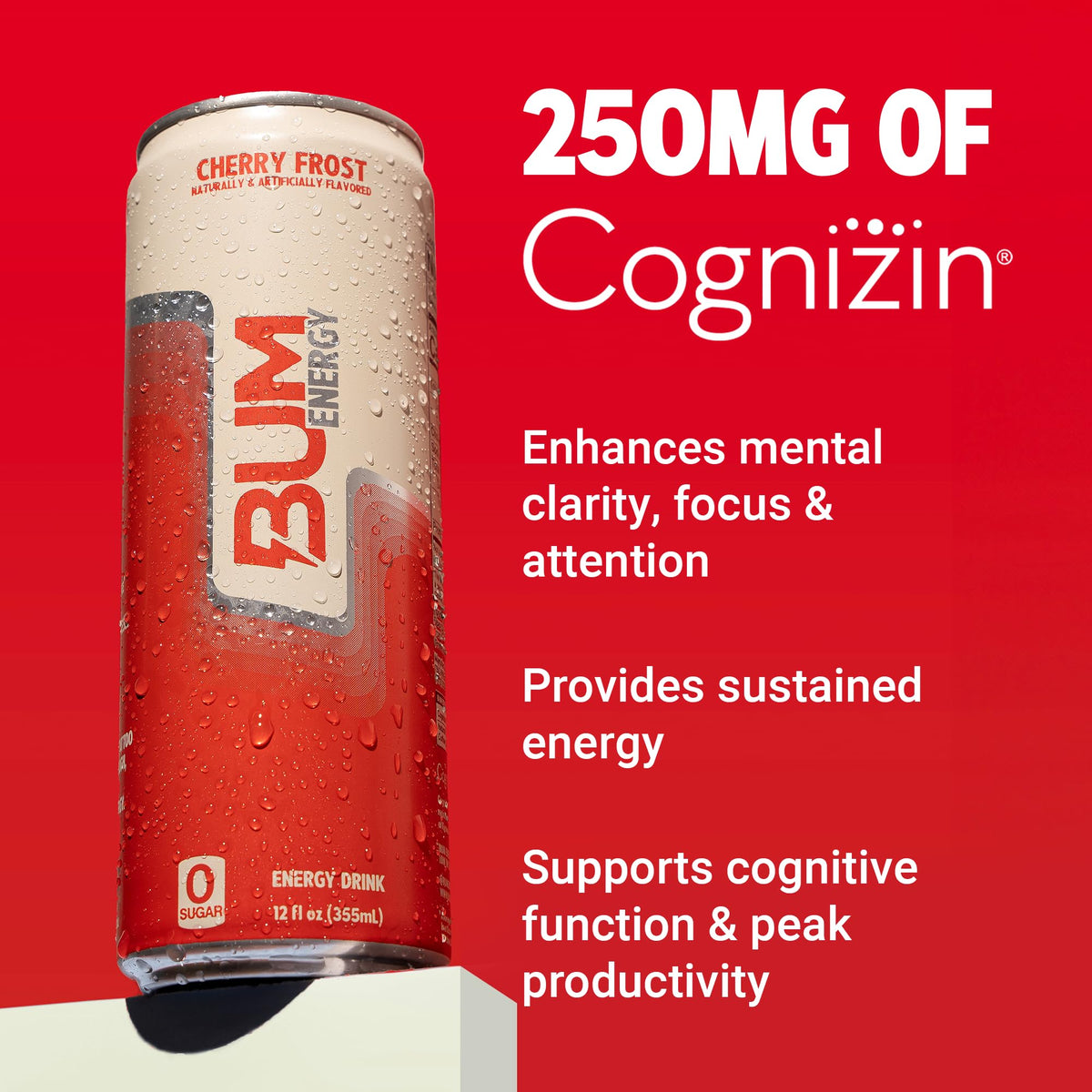 Bum Energy Cherry Frost label closeup highlights sugar-free formula and natural caffeine.