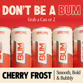 Bum Energy Cherry Frost pour into a glass showing refreshing flavor and light carbonation.