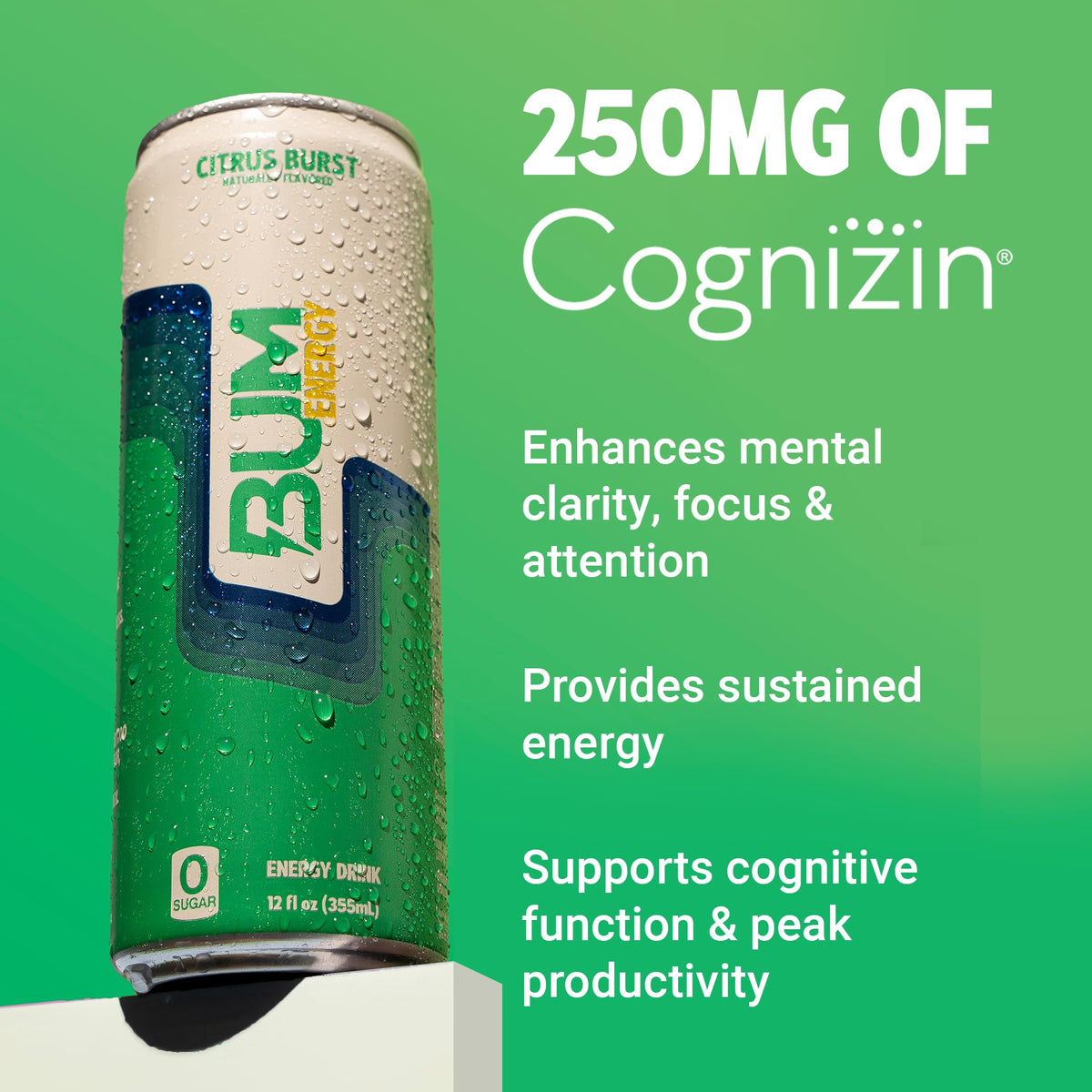 Bum Energy citrus burst label close-up highlighting natural caffeine and citicoline.