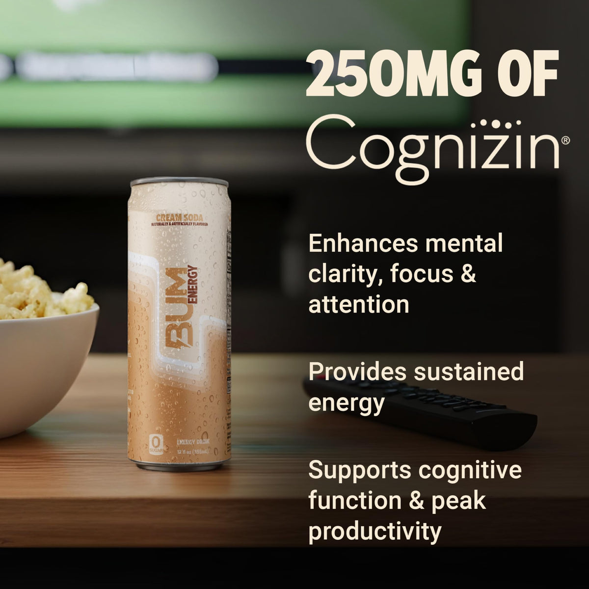 Bum Energy Cognizin and caffeine ingredients visible for mental clarity