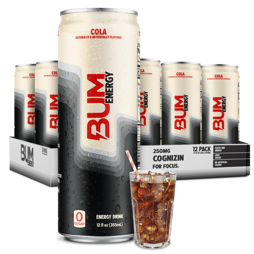 Bum Energy Cola can in hand boosting focus and energy.