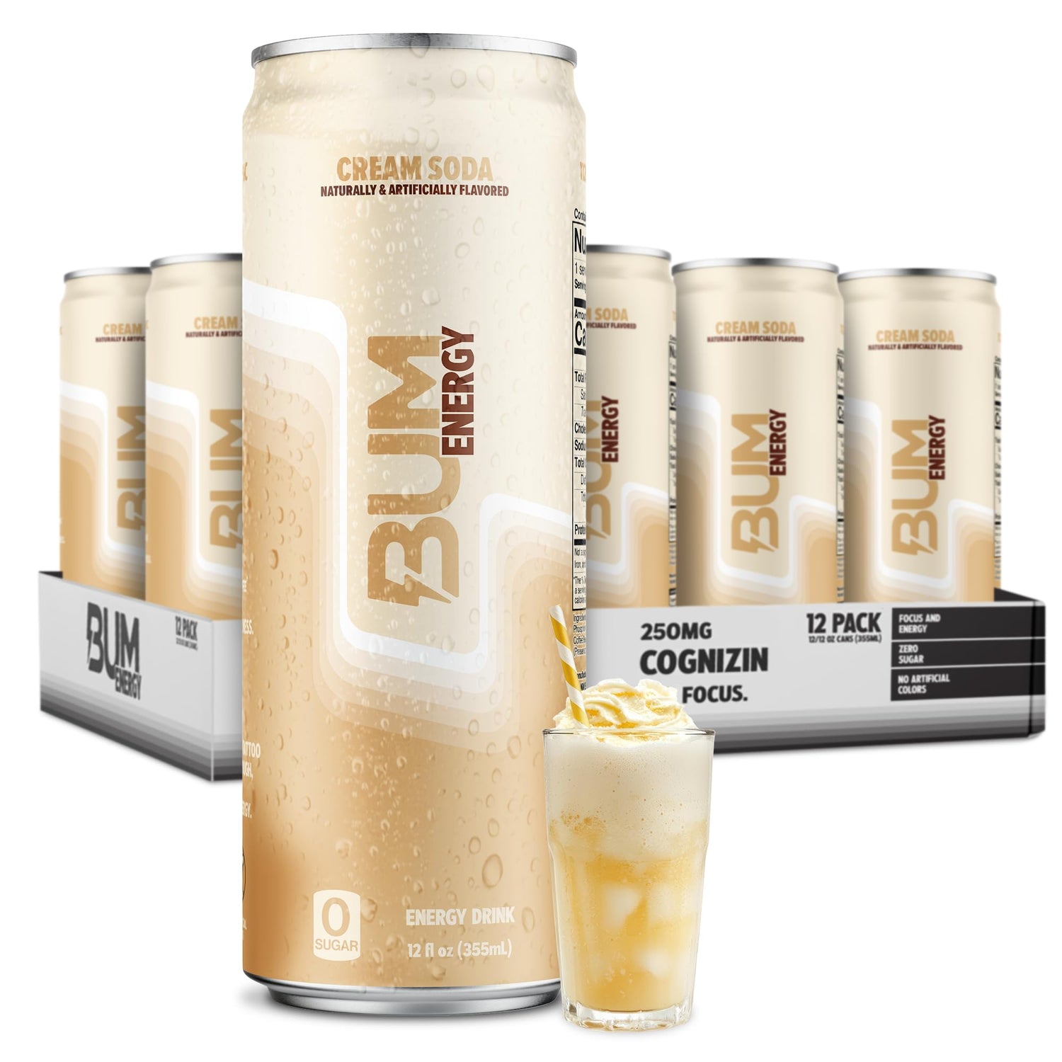 Bum Energy Cream Soda can on a desk offers clean energy and focus
