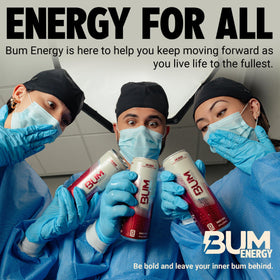 Bum Energy can on a desk with water bottle for quick energy