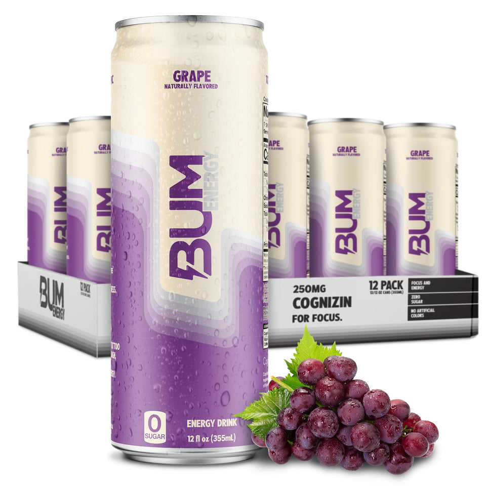 Bum Energy Grape can front view shows sugar-free energy for focus.
