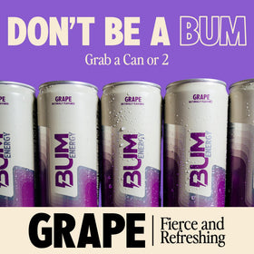 Bum Energy Grape can side view highlights natural caffeine for steady energy.