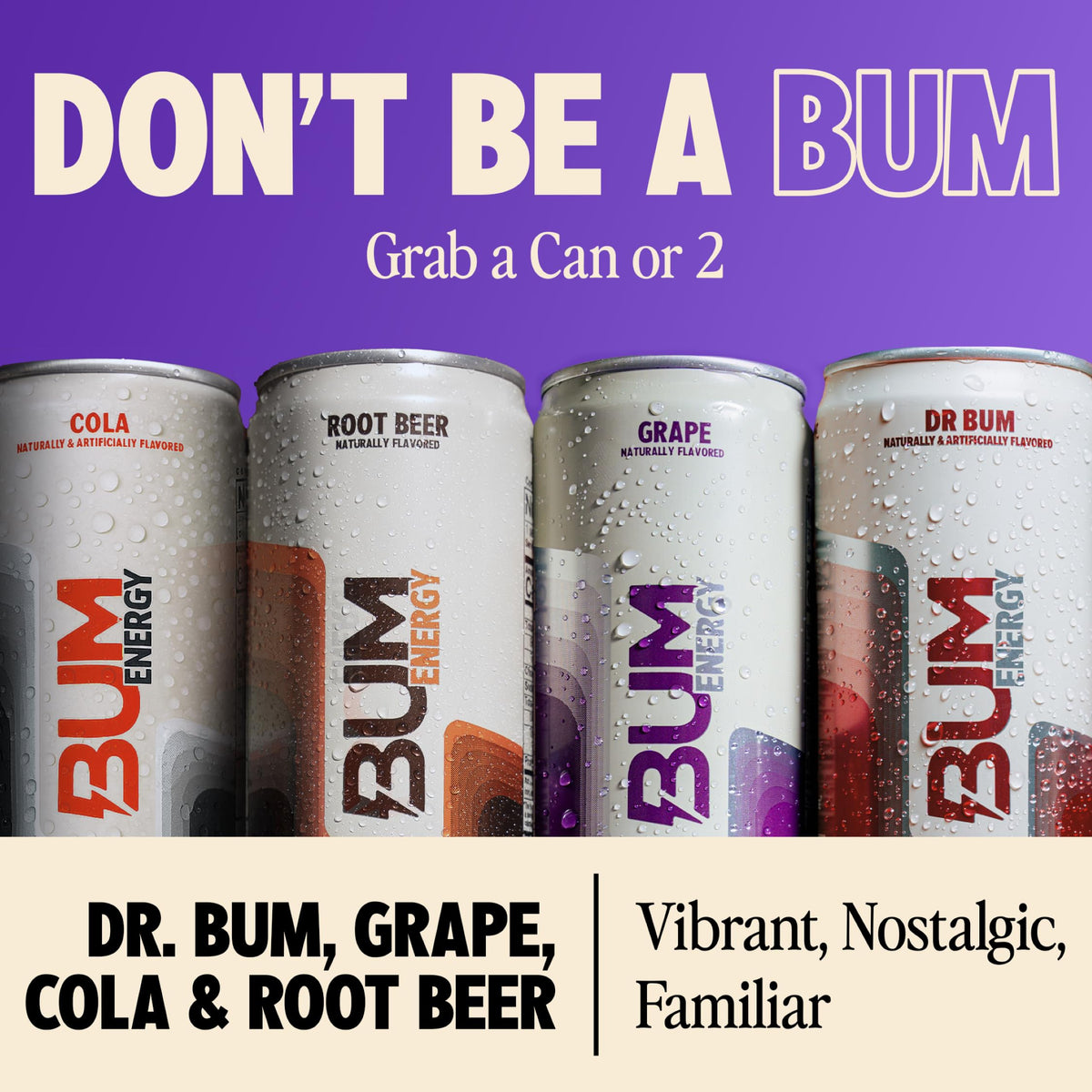 Bum Energy Grape can in hand signaling creative focus