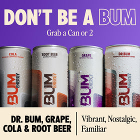 Bum Energy Grape can in hand signaling creative focus