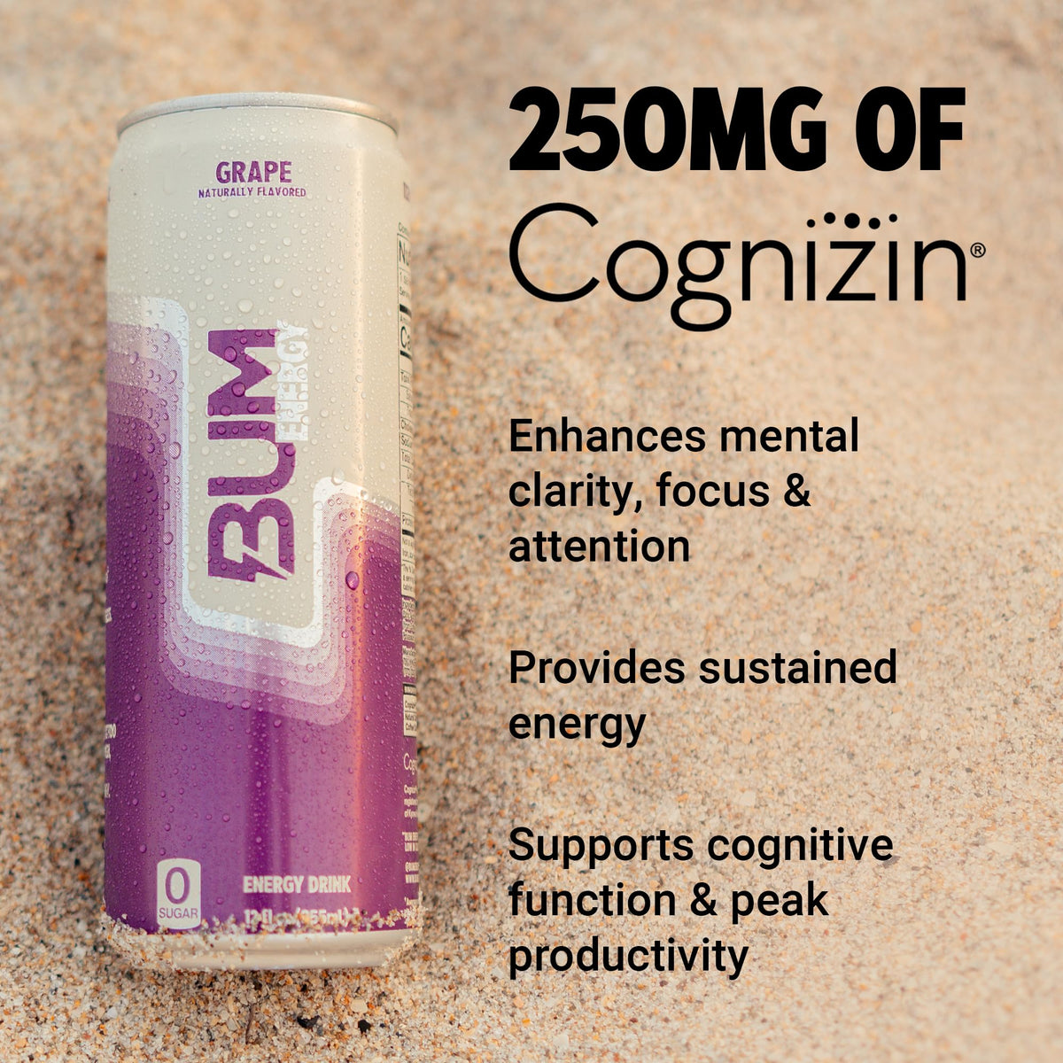 Pouring Bum Energy Grape into a glass reveals refreshing, lightly carbonated flavor.