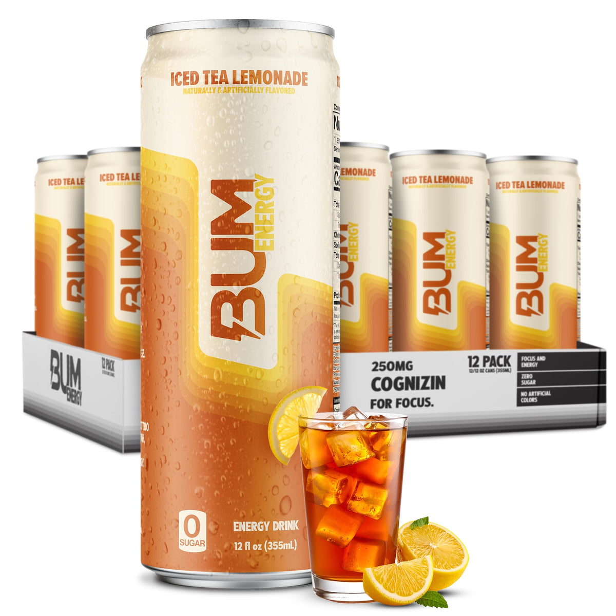 Bum Energy iced tea lemonade can front view, refreshing energy boost for focus