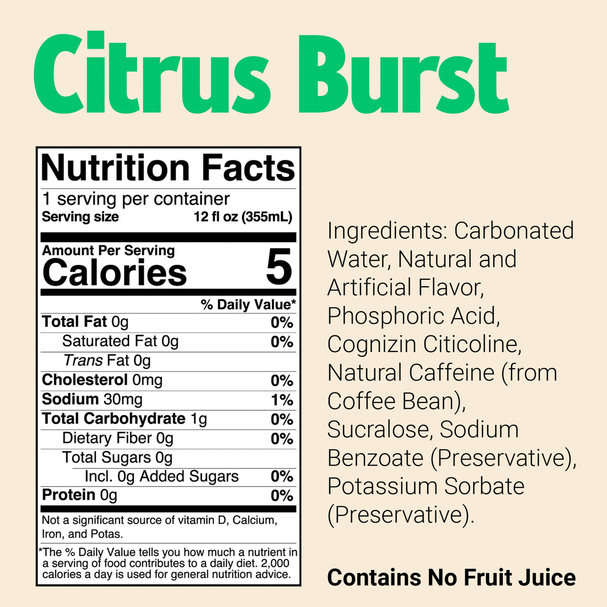 Bum Energy ingredients panel visible, featuring natural caffeine and citicoline.