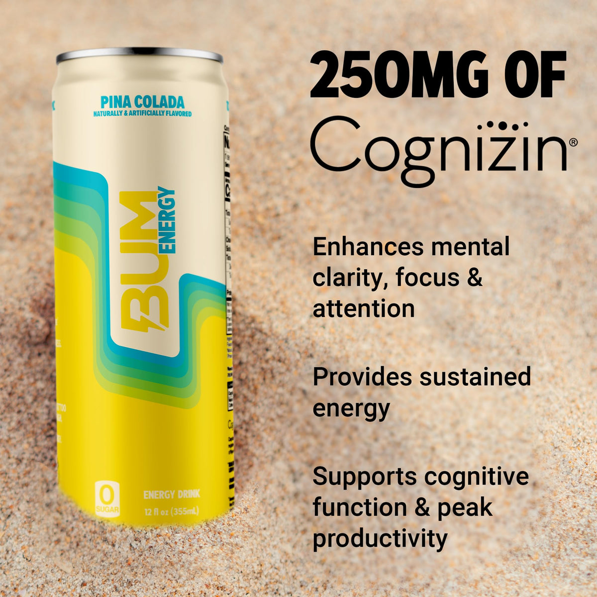Bum Energy open can with pour into glass showing light carbonation.