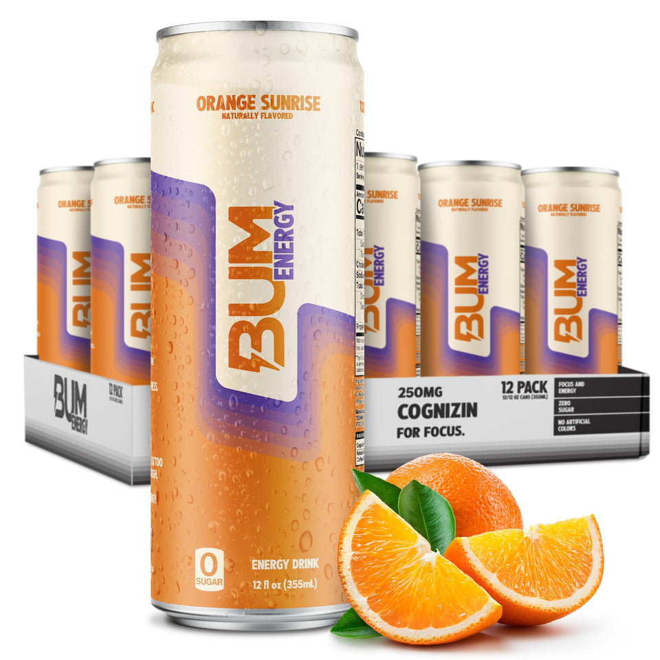 Bum Energy Orange Sunrise can with bright citrus flavor for a clean energy boost