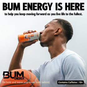 Bum Energy orange sunrise ice-cold glass evokes refreshing morning ritual