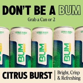 Bum Energy pack of 12 cans for easy sharing and on-the-go refueling.