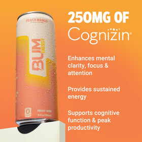 BUM Energy Peach Mango bubbles closeup emphasizing lightly carbonated refreshment.