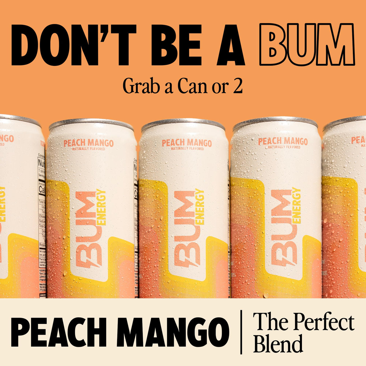 BUM Energy Peach Mango can tilted, highlighting natural caffeine for sustained alertness.
