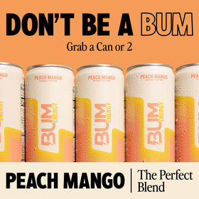 BUM Energy Peach Mango can tilted, highlighting natural caffeine for sustained alertness.