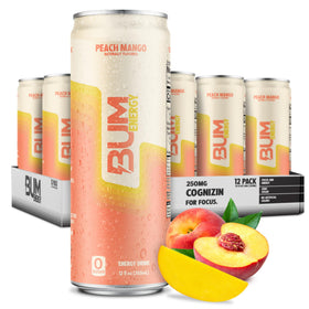 BUM Energy Peach Mango can with vibrant color and refreshing pick-me-up.