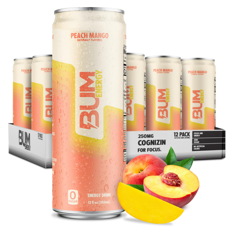 BUM Energy Peach Mango can with vibrant color and refreshing pick-me-up.