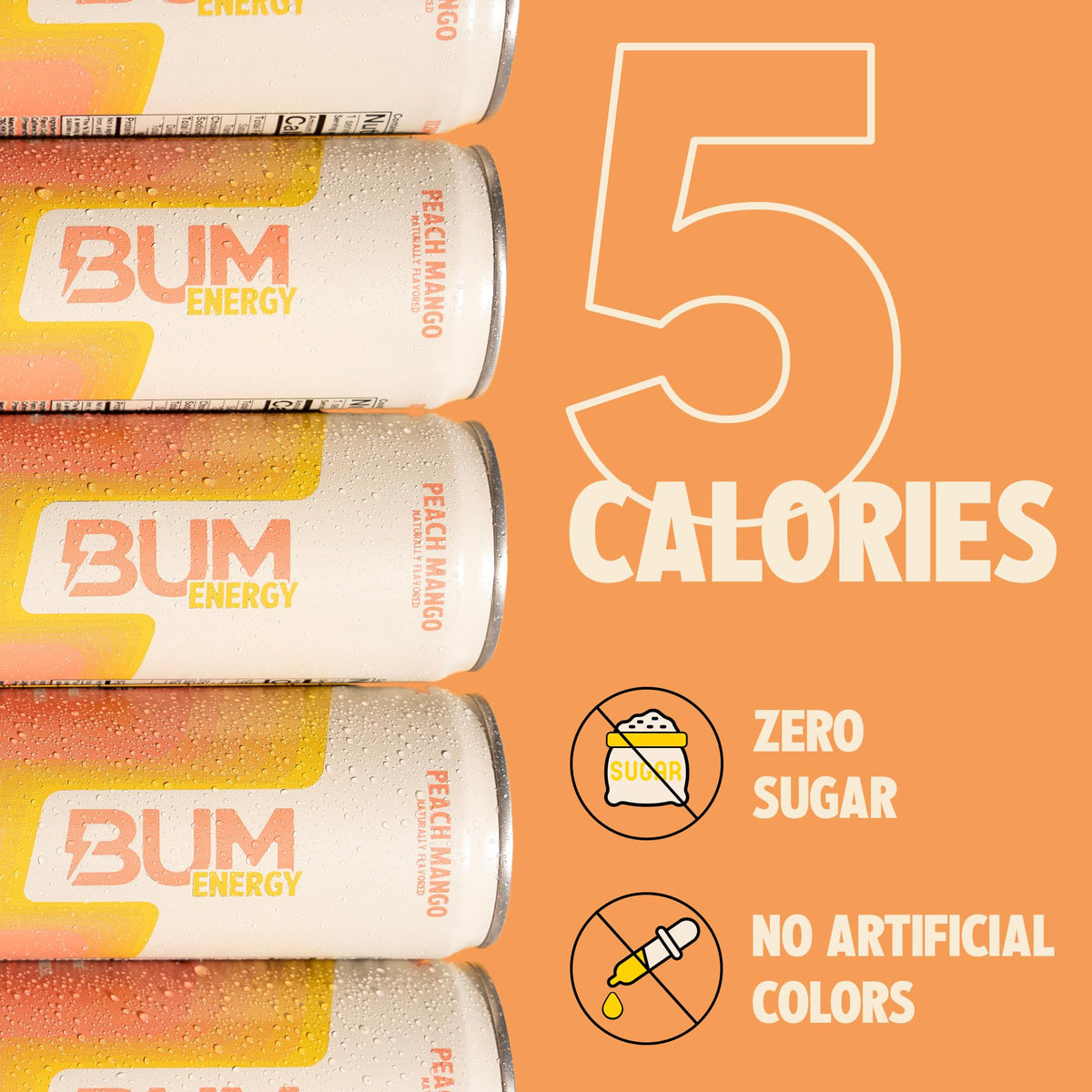 BUM Energy Peach Mango glass poured with ice illustrating refreshing workout recharge.