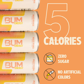 BUM Energy Peach Mango glass poured with ice illustrating refreshing workout recharge.