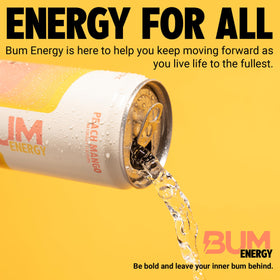 BUM Energy Peach Mango serving cup with straw showcasing convenient 12 oz serving.