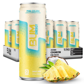 Bum Energy Pina Colada can front view showing refreshing energy and focus.